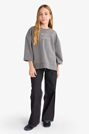 Kız Çocuk Oversize Geniş Kalıp Bisiklet Yaka Baskılı Sweatshirt