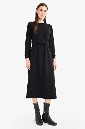Bisiklet Yaka Basic Düz Selanik Kumaş Midi Elbise