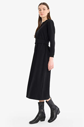 Bisiklet Yaka Basic Düz Selanik Kumaş Midi Elbise