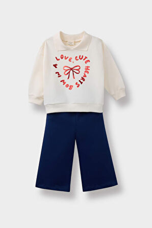 Kız Bebek 2'li Takım Baskılı İçi Yumuşak Tüylü Sweatshirt Eşofman Altı