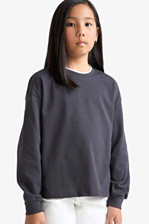 Kız Çocuk Relax Fit Bisiklet Yaka Uzun Kollu Tişört