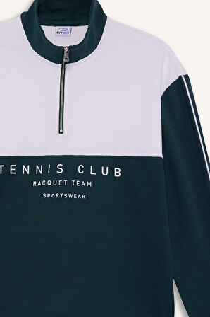 DeFactoFit Boxy Fit Dik Yaka Yarım Fermuarlı Baskılı Sporcu Sweatshirt