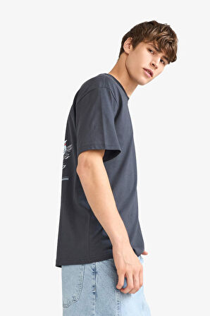 Boxy Fit Bisiklet Yaka Baskılı Kısa Kollu Tişört