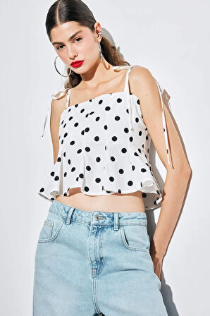Fitted Puantiyeli Poplin Askılı Bluz