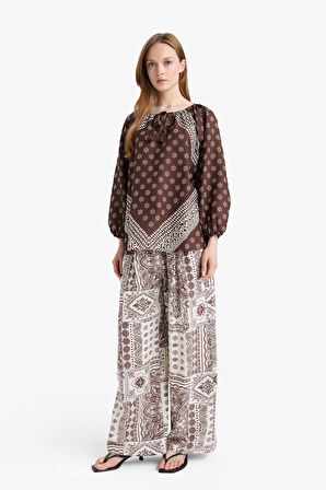 Wide Leg Cep Detaylı Geniş Paça Keten Karışımlı Pantolon