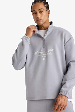 DeFactoFit NBA Brooklyn Nets Boxy Fit Dik Yaka Fermuarlı Sırt Baskılı Skuba Dalgıç Kumaş Sweatshirt 
