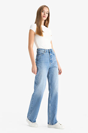 Straight Fit Yüksek Bel Uzun Jean Yıkamalı Pantolon