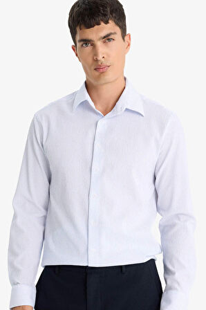Okula Dönüş Modern Fit Polo Yaka Çizgili Krinkıl Uzun Kollu Gömlek