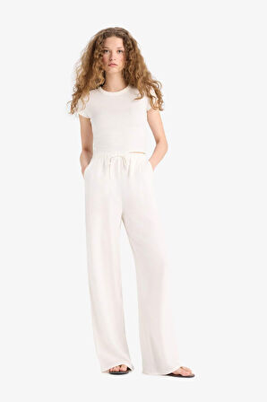 Wide Leg Cepli Yüksek Bel Standart Boy Keten Karışımlı Pantolon