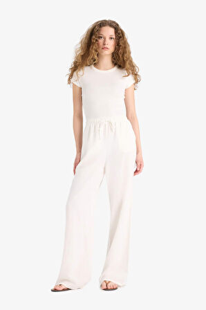 Wide Leg Cepli Yüksek Bel Standart Boy Keten Karışımlı Pantolon