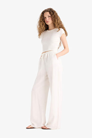 Wide Leg Cepli Yüksek Bel Standart Boy Keten Karışımlı Pantolon