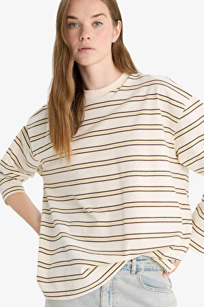 Loose Fit Bisiklet Yaka Çizgili Sweatshirt