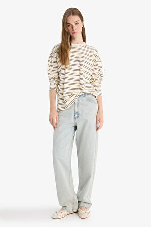 Loose Fit Bisiklet Yaka Çizgili Sweatshirt