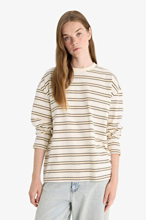 Loose Fit Bisiklet Yaka Çizgili Sweatshirt