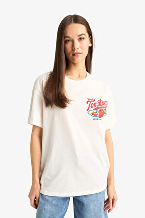 Defacto F4743 Beyaz Oversize Geniş Kalıp Bisiklet Yaka Baskılı Kısa Kollu Tişört