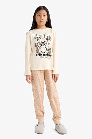 Kız Çocuk Pijama Takımı Baskılı Uzun Kollu Üst Desenli Uzun Alt