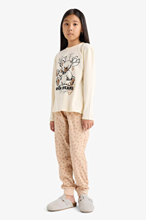 Kız Çocuk Pijama Takımı Baskılı Uzun Kollu Üst Desenli Uzun Alt