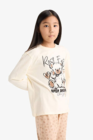 Kız Çocuk Pijama Takımı Baskılı Uzun Kollu Üst Desenli Uzun Alt