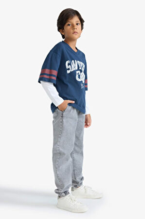 Erkek Çocuk Oversize Geniş Kalıp V Yaka Baskılı Uzun Kollu Tişört