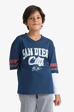 Erkek Çocuk Oversize Geniş Kalıp V Yaka Baskılı Uzun Kollu Tişört