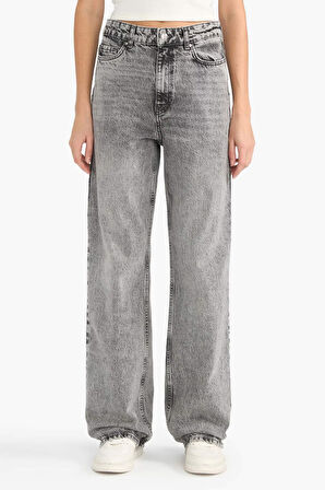 Straight Fit Yüksek Bel Uzun Jean Yıkamalı Pantolon