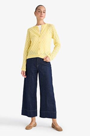 Regular Fit Bisiklet Yaka Ajurlu Düğmeli Triko Hırka