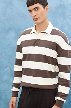 Boxy Fit Polo Yaka Çizgili Waffle Sweatshirt
