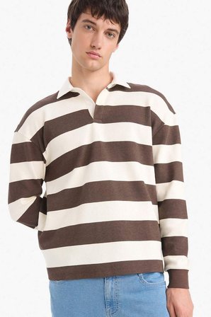 DeFacto Boxy Fit Polo Yaka Çizgili Waffle Sweatshirt E8440AX25AUBN539