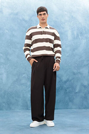 Boxy Fit Polo Yaka Çizgili Waffle Sweatshirt