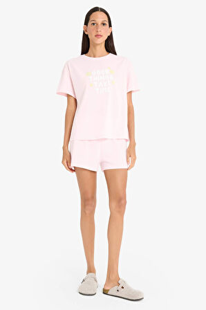 Pijama Takımı Kısa Kollu Pijama Üstü Esnek Belli Şort Pijama Altı-Fall in Love