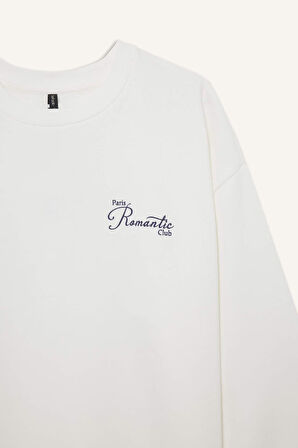 Oversize Geniş Kalıp Bisiklet Yaka Baskılı Kalın Sweatshirt