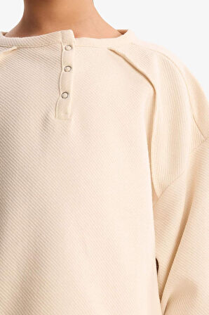 Kız Çocuk Oversize Geniş Kalıp Bisiklet Yaka Düğmeli Sweatshirt