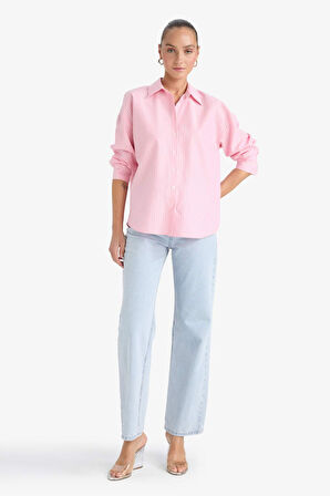 Oversize Geniş Kalıp Çizgili Oxford Uzun Kollu Gömlek