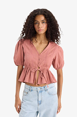 Fitted V Yaka Bağlamalı Müslin Kısa Kollu Bluz