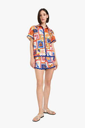 -Fall in Love Regular Fit Tropikal Desenli Plaj Kıyafeti