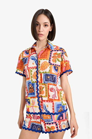-Fall in Love Regular Fit Tropikal Desenli Plaj Kıyafeti