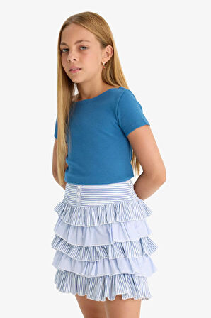 Kız Çocuk Fitted Kayık Yaka Ribana Kısa Kollu Tişört