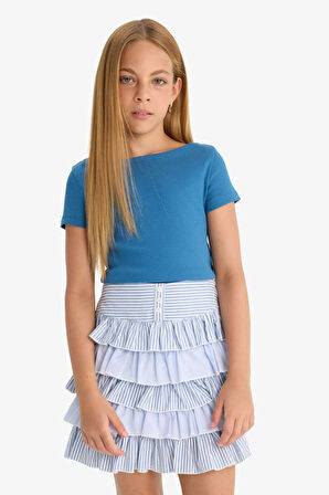 Kız Çocuk Fitted Kayık Yaka Ribana Kısa Kollu Tişört