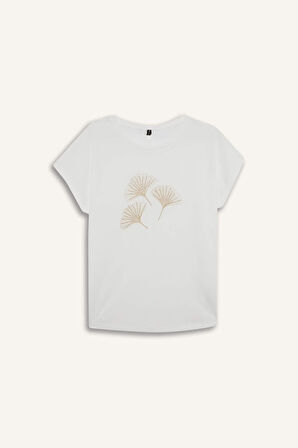 Bisiklet Yaka Taş Baskılı Kısa Kollu Tişört