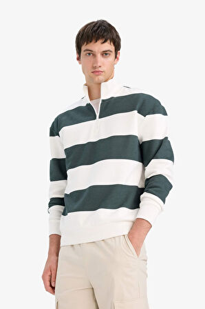 Boxy Fit Dik Yaka Yarım Fermuarlı Çizgili Sweatshirt