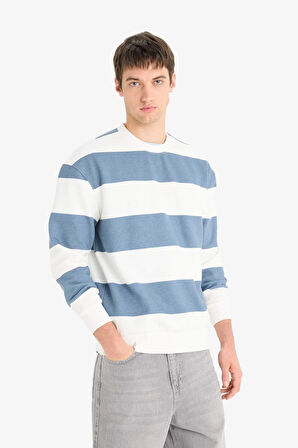 Boxy Fit Bisiklet Yaka Çizgili Sweatshirt