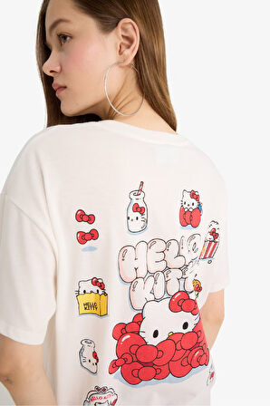 Coool Hello Kitty Oversize Geniş Kalıp Bisiklet Yaka Sırt Baskılı Kısa Kollu Tişört