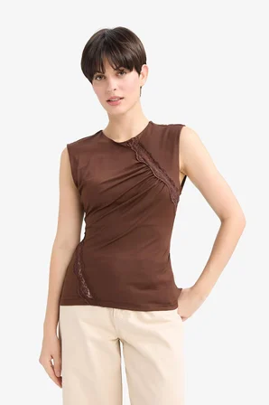 DeFacto Slim Fit Dar Kesim Bisiklet Yaka Dantel Detaylı Kolsuz Bluz G4116AX25AUBN341