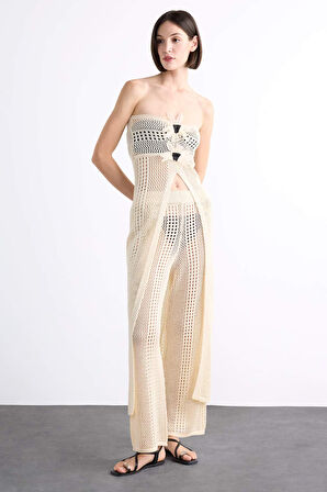 Straplez Çiçek Detaylı Kroşe Uzun Plaj Üstü