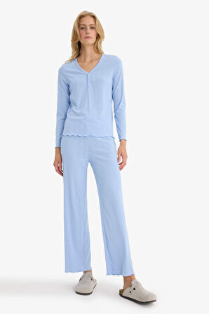 Pijama Takımı Regular Fit Ribana Uzun Kollu Üst Uzun Alt-Fall in Love 