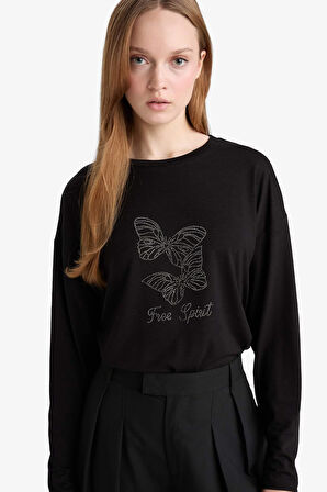 Relax Fit Bisiklet Yaka Uzun Kollu Tişört