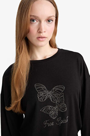 Relax Fit Bisiklet Yaka Uzun Kollu Tişört