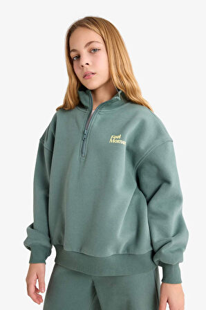 Kız Çocuk 2'li Takım Baskılı Yarım Fermuarlı Sweatshirt Geniş Paça Eşofman Altı