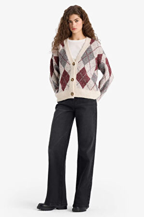 Oversize Geniş Kalıp V Yaka Baklava Desenli Düğmeli Triko Hırka