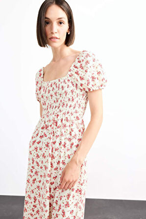 A Kesim Çiçekli Bürümcük Kısa Kollu Midi Elbise